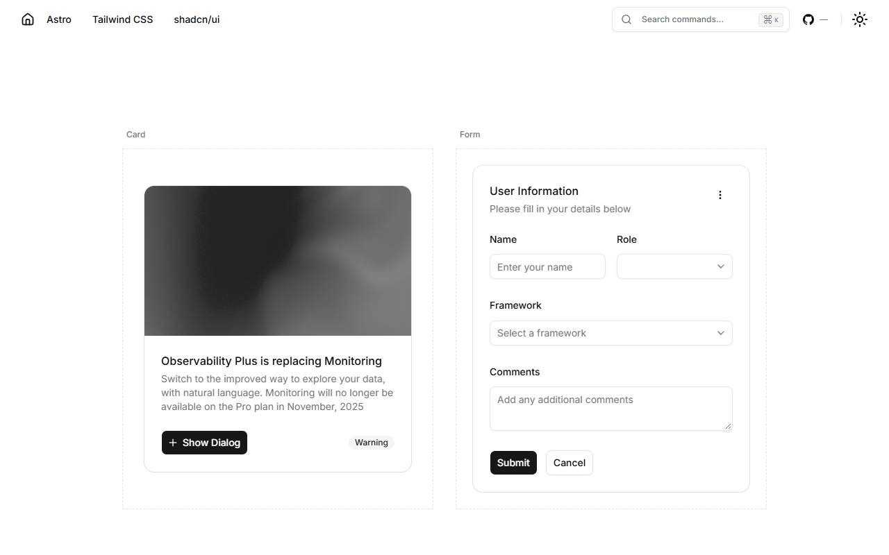 Astro Shadcn UI Template homepage