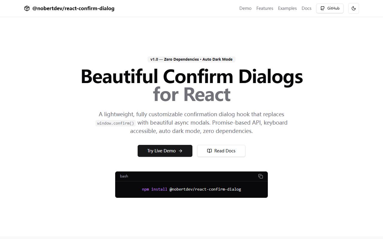 React Confirm Dialog homepage