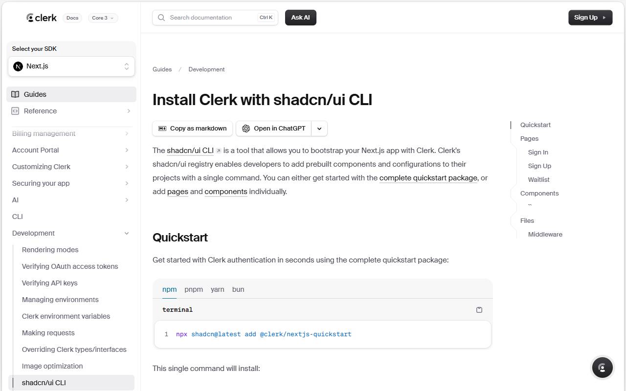 Clerk Shadcn UI homepage