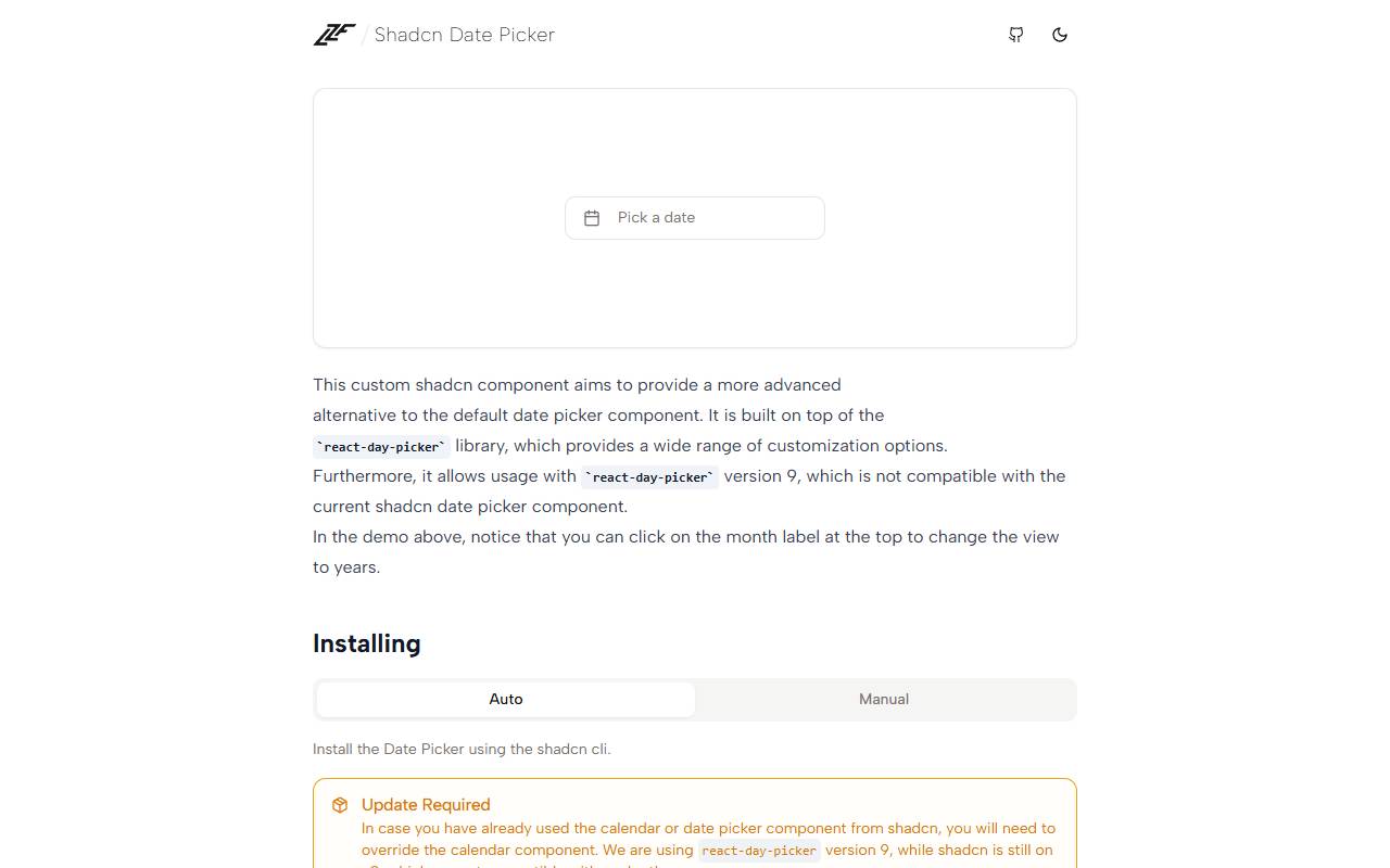 Shadcn Date Picker homepage