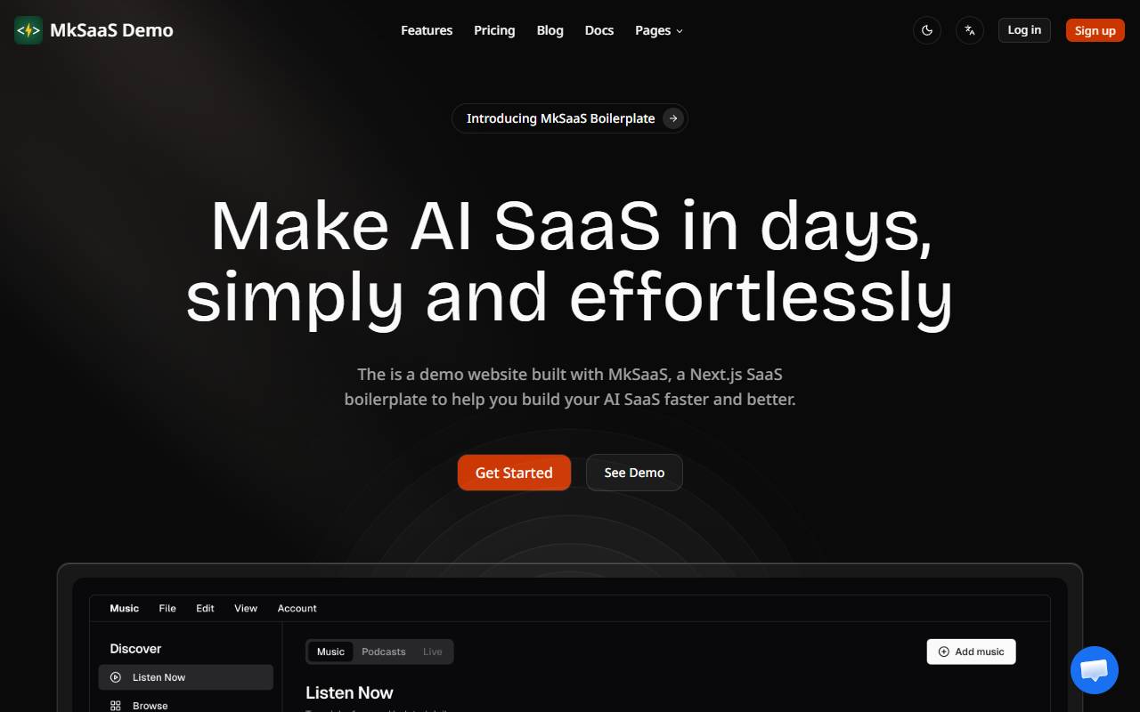 MkSaaS - AI SaaS Boilerplate homepage