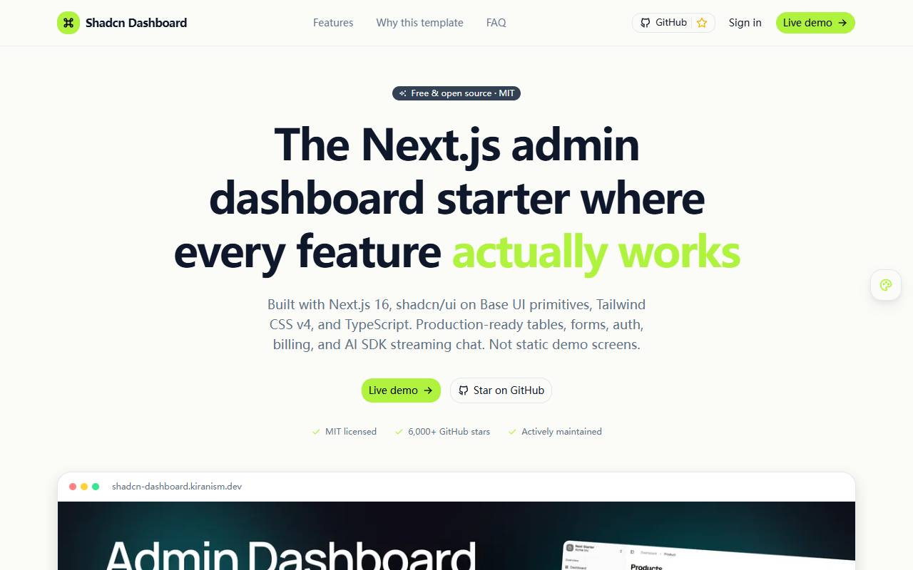 Kiranism Shadcn Dashboard Starter homepage