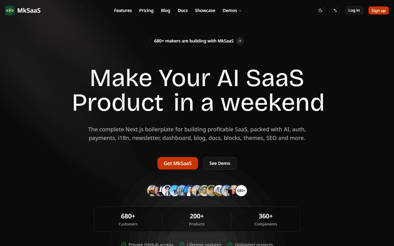 MkSaaS homepage
