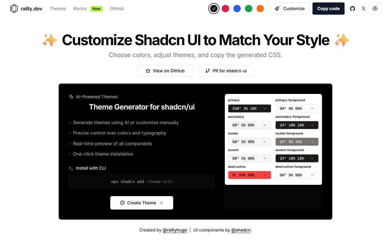 Shadcn UI Customizer homepage