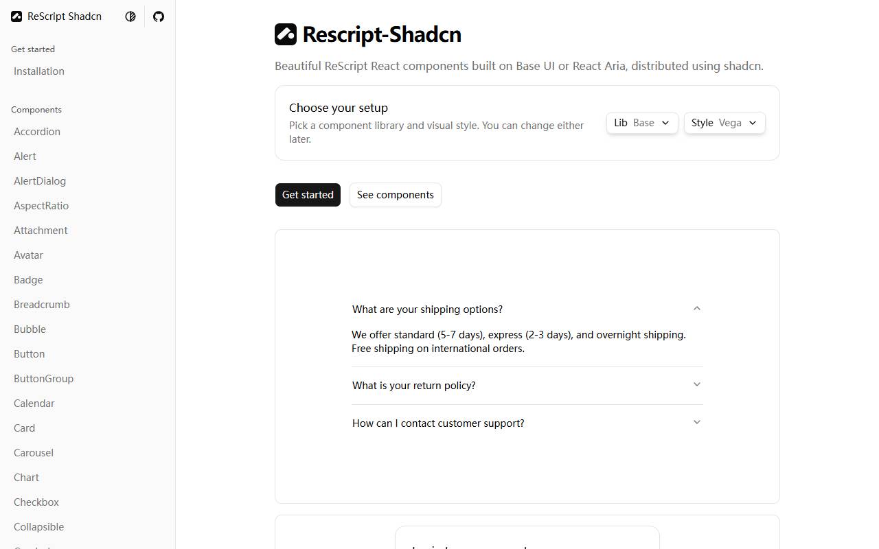 rescript-shadcn homepage