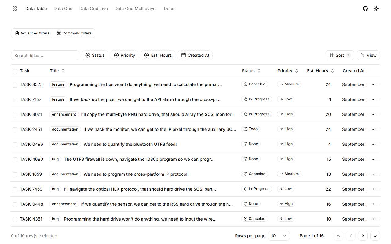 Shadcn Table homepage