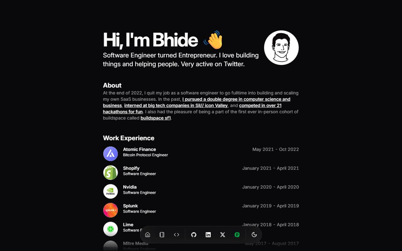 Bhide Portfolio Template homepage