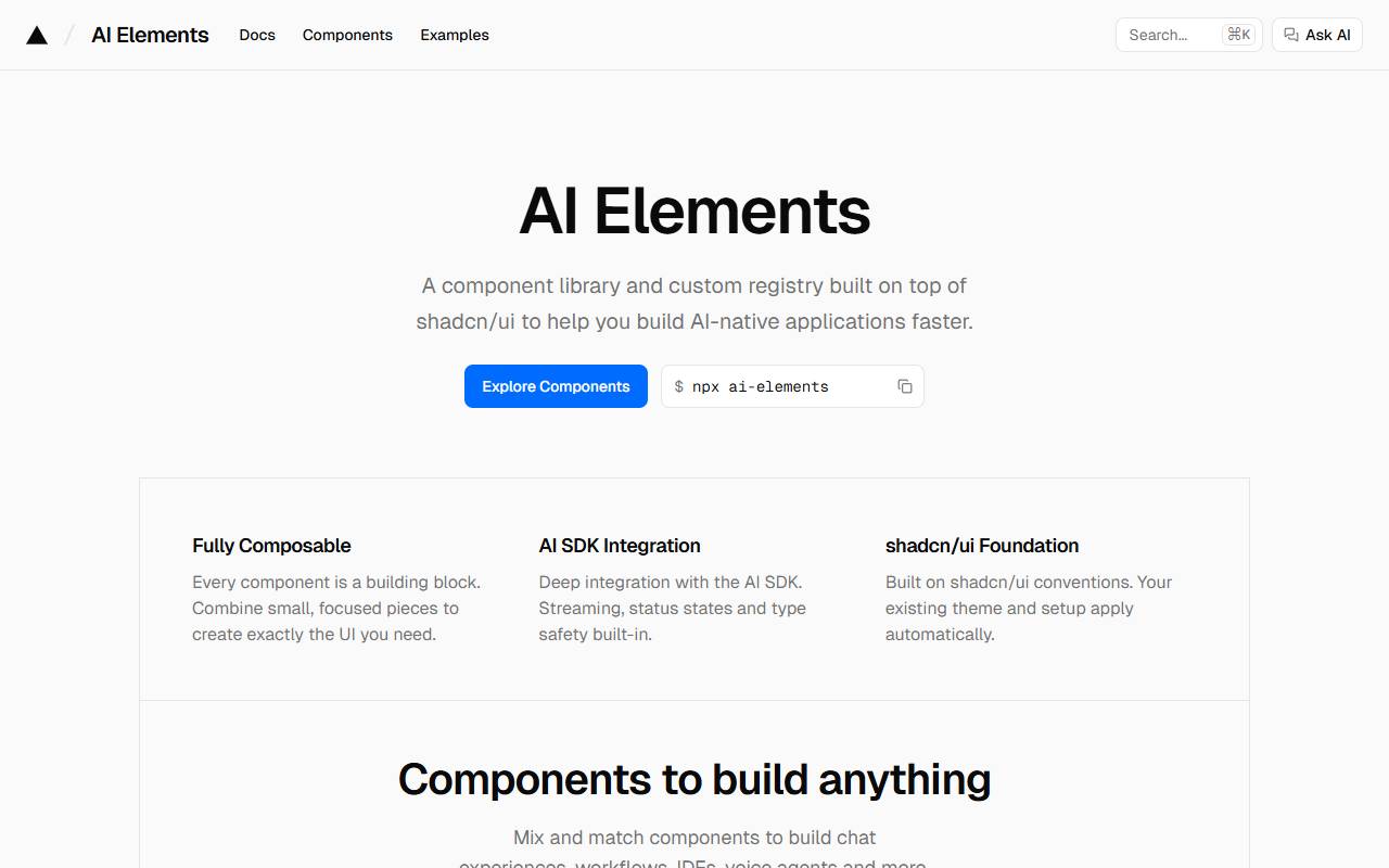 AI Elements by Vercel homepage
