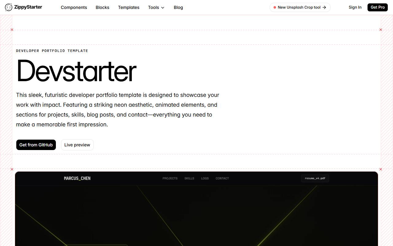 Devstarter - Portfolio Template homepage